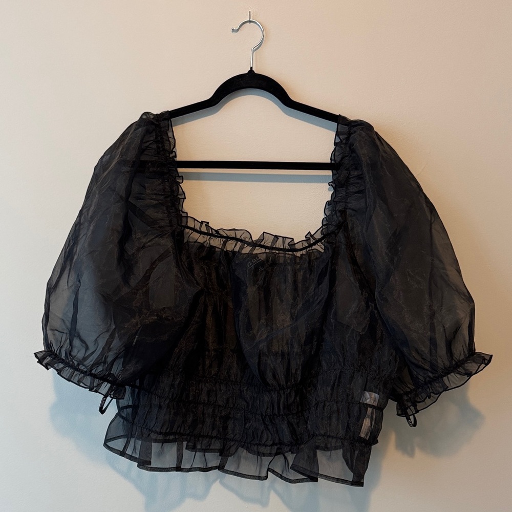 Eloquii Black Sheer Organza Ruffled Blouse